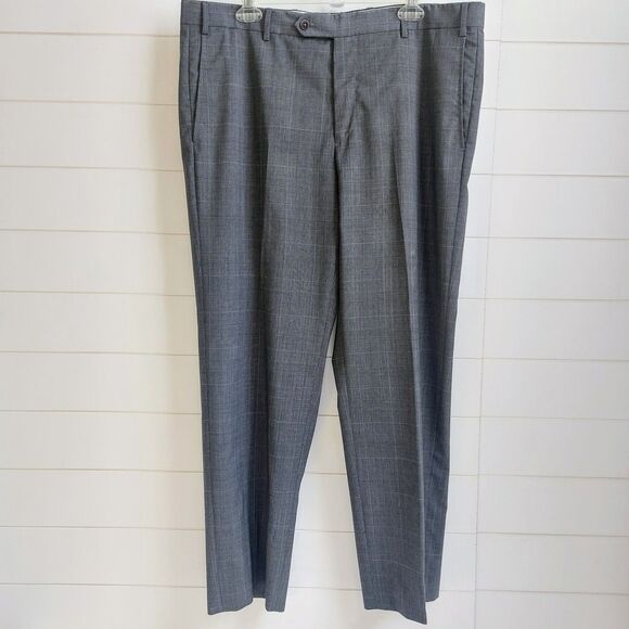 Zanella Other - Zanella Men's 38x30 Devon 100% Wool Flat Front Dress Pants Gray Plaid Corporate